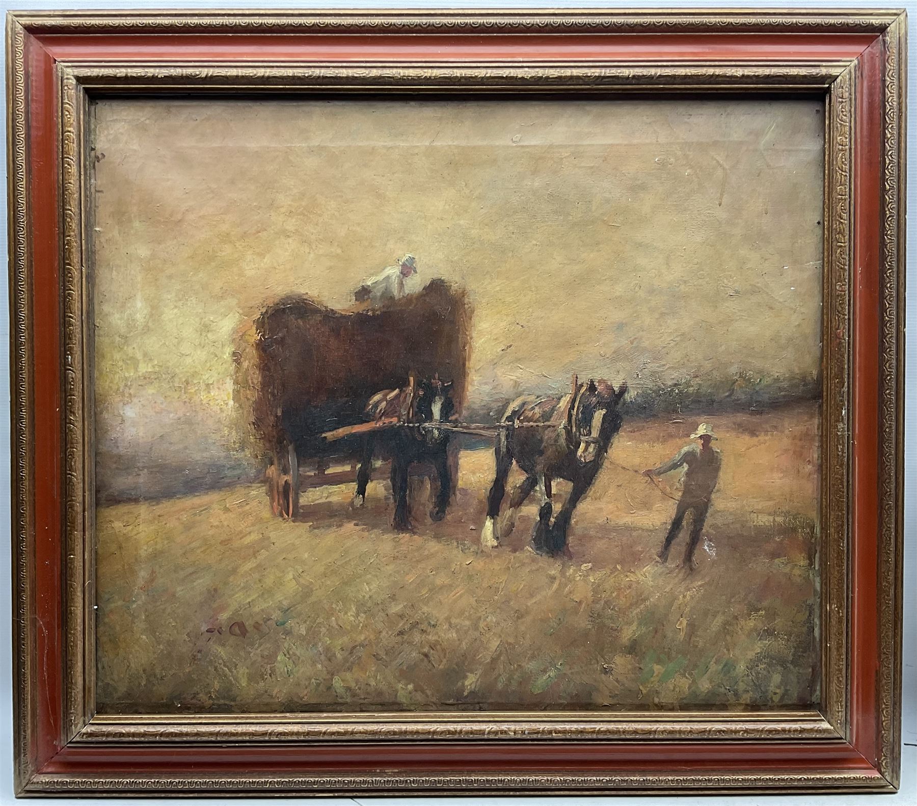 English School (Early 20th century): Pulling the Haycart at Sunset, oil on canvas unsigned 64cm x 76cm