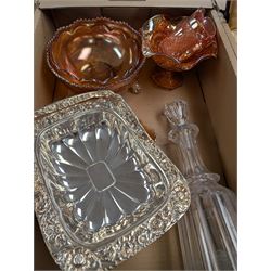 Collection of silver plated items and glassware, including cased cutlery, carnival glass, decanters, teapot, trays, etc