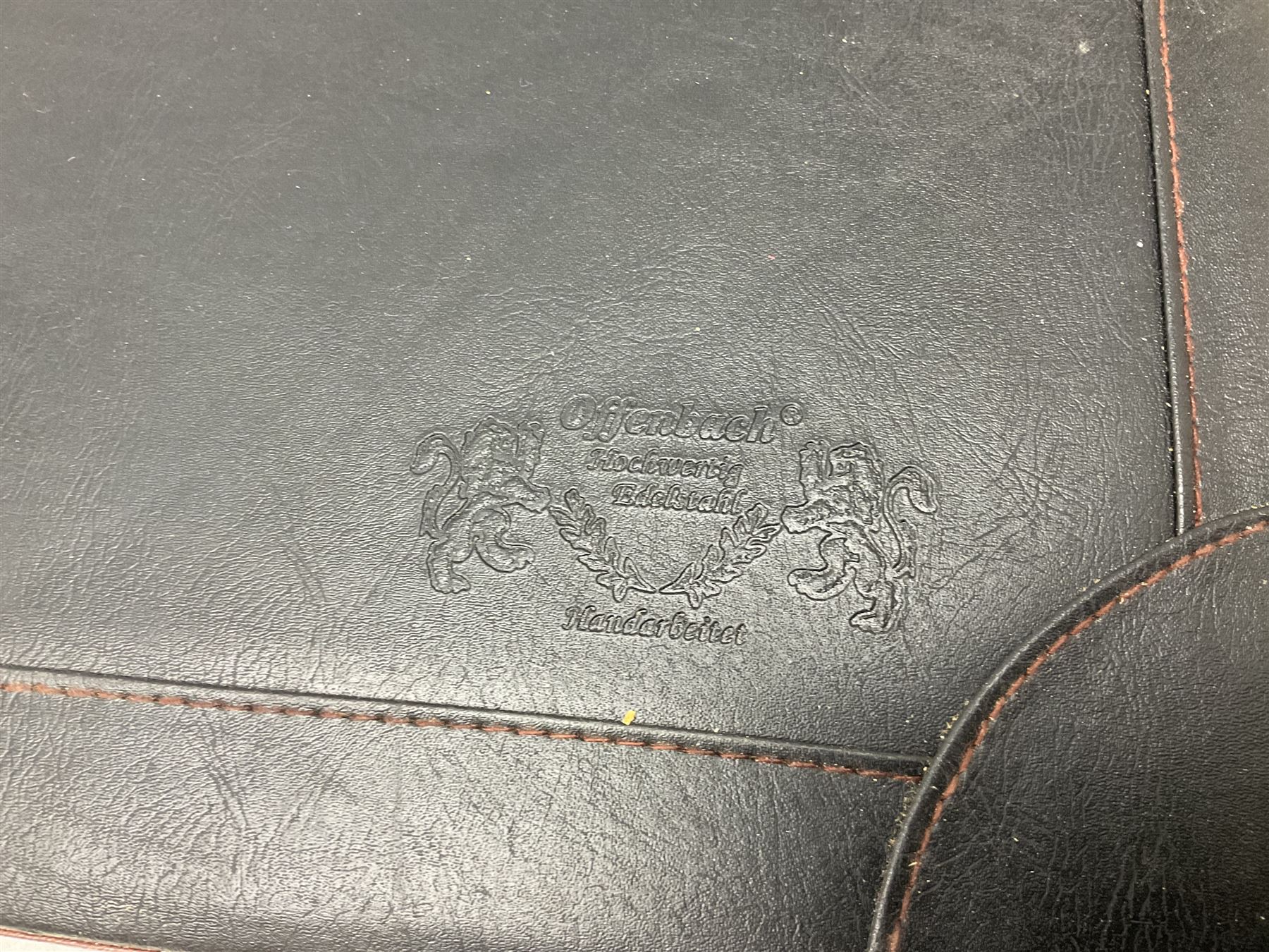 Bachmayr Soligen boxed set of six steak knives and fork, together with Offenbach chef quality knives, chopper, forks, scissors and knives sharpeners, in fitted cases