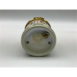 Cylindrical music box with domed lid depicting the Music Room at Buckingham Palace and playing Mozart's 'Voi Che Sapete', limited edition 187 of 250, boxed, together with enamel box for the silver jubilee and a victorian paperweight of Scarbrough  