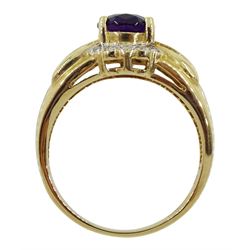 9ct gold oval amethyst and diamond chip ring, hallmarked