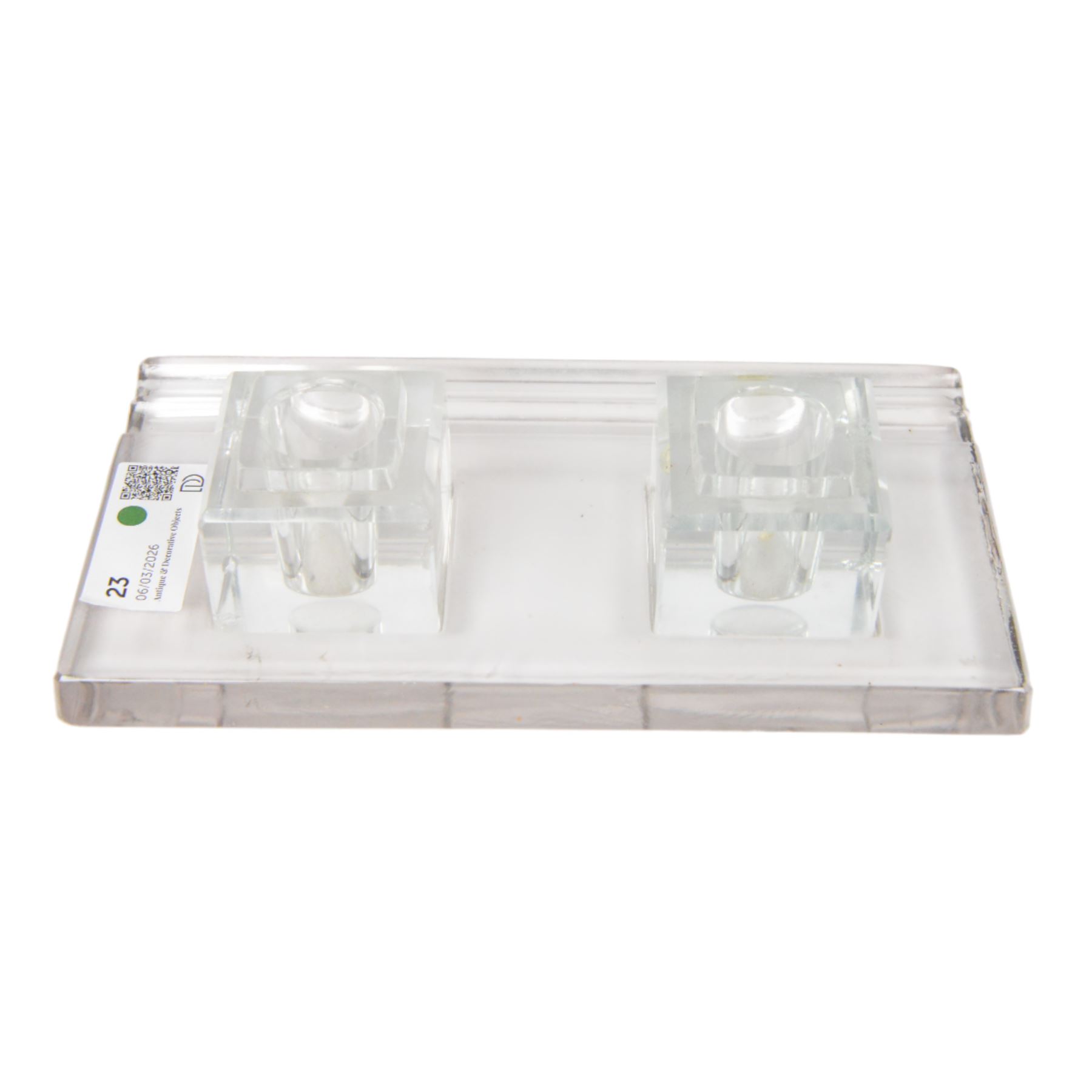 RCR lead crystal Art Deco style desk stand, with two square inkwells and two pen trays, H7cm, W28cm