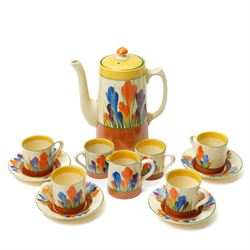 Clarice Cliff Autumn Crocus pattern part coffee service for six, comprising coffee pot and...