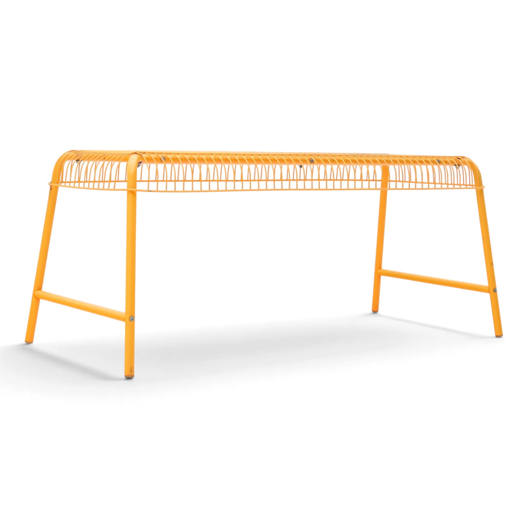 Ikea - 'Vasteron' 1990's orange metal bench, wireframed seat with tubular metal supports 