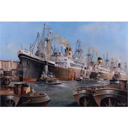 Adrian Thompson (British 1960-): The SS Gothic Docked in a Shipping Yard, oil on canvas si...