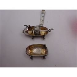 Modern novelty silver tape measure, in the form of a pig, hallmarked CME Jewellery Ltd, together with a silver mounted pink glass scent bottle, signed H. White to base, with silver collar hallmarked Laurence R Watson & Co, Birmingham 1996, scent bottle H12cm