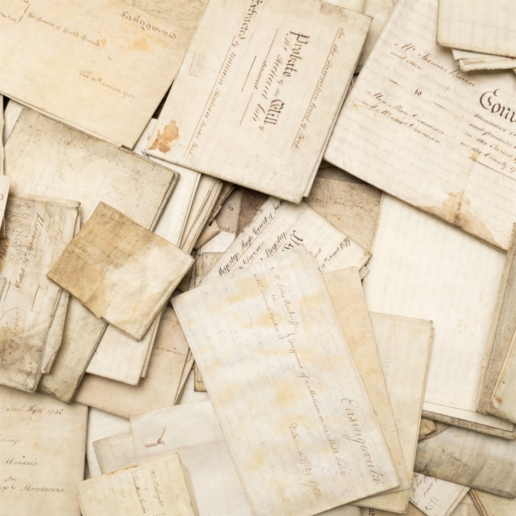 Yorkshire and miscellaneous deed interest - large collection of 18th and 19th century vellum indentures, wills, probate documents and property papers relating to wider Yorkshire towns and villages including Malton, Northallerton, Easingwold, Scarborough, the Humber, Barnsley, Ecclesfield, Great Leavening, Barton in the Willows, Flaxton and other areas, with documents concerning farmers, yeomen, tradesmen and landed families, many retaining wax seals and revenue stamps, together with a small quantity of non-Yorkshire and overseas-interest material including probate of Knobel Louis Benjamin du Gue, formerly of Brindisi, Italy, steam shipping agent, later of St Leonards-on-Sea, Sussex,  in one large box