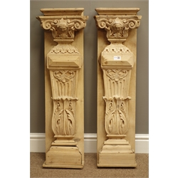  19th century pine fire side uprights fireplace pilasters, mask Corinthian column capital, scrolled decoration, fluted, acanthus leave carved with stepped ogee plinth, H89cm  