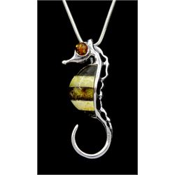 Silver Baltic amber seahorse pendant necklace, stamped 925