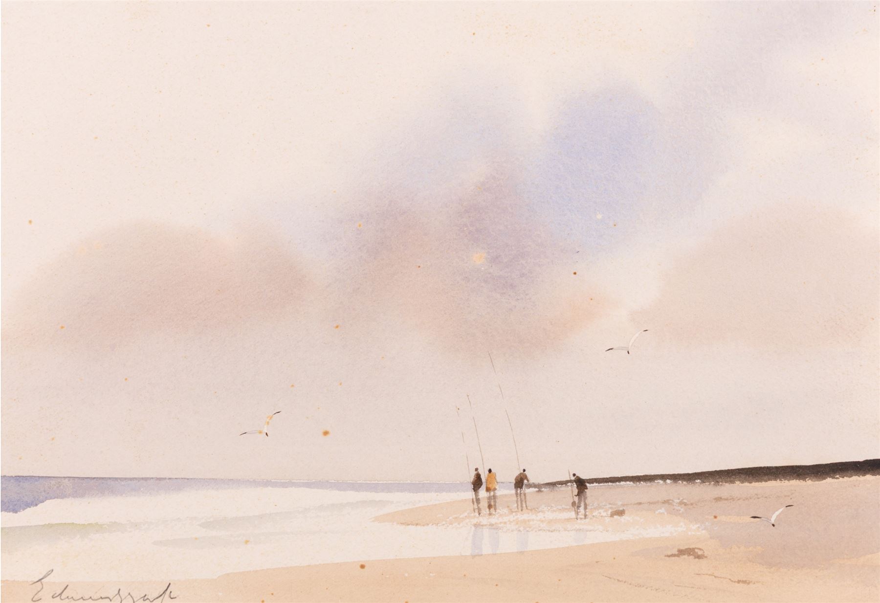 Edward Seago RWS RBA (British 1910-1974): Sea Anglers on a Beach, watercolour signed in pencil, later title verso 25cm x 36.5cm 