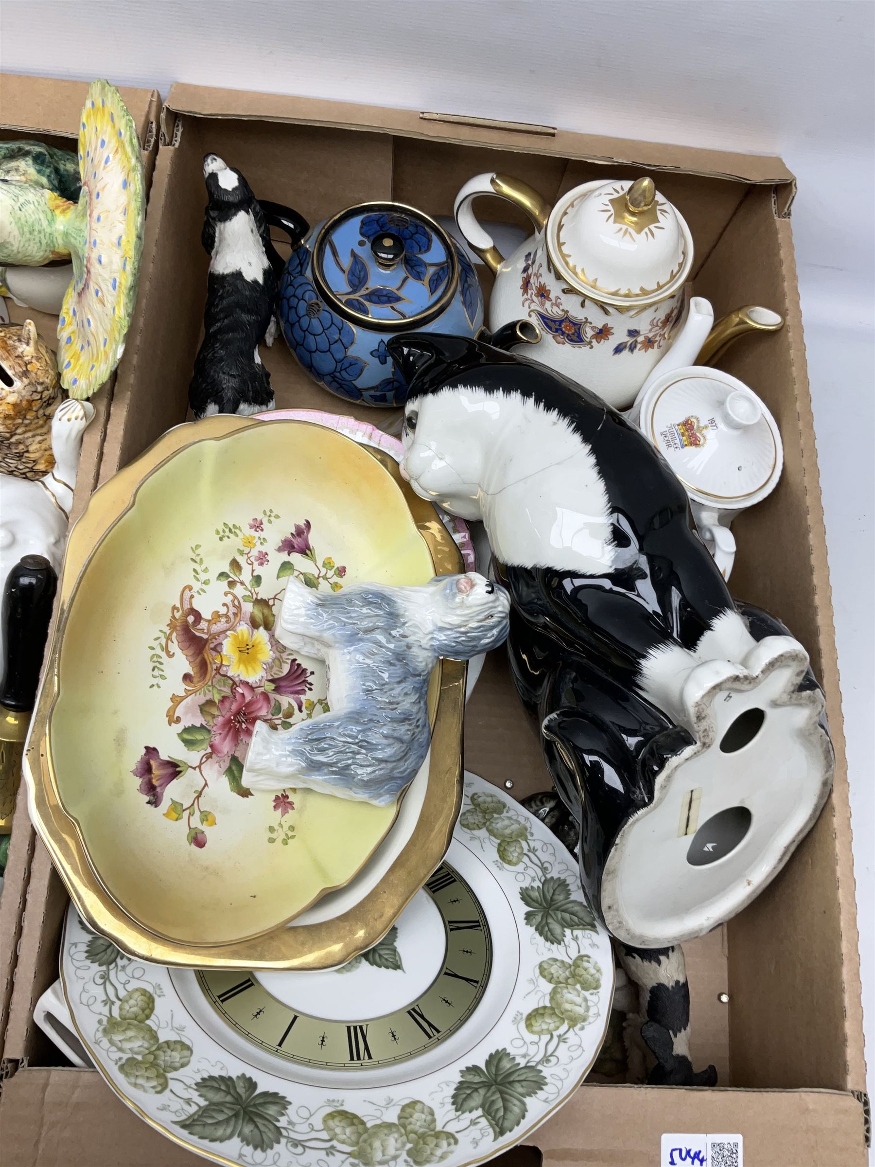 Large quantity of Victorian and later ceramics, to include teapots, Royal Worcester clock, Delft style, animal figures,  Sadler Shooting Scenes novelty teapot, commemorative ware, etc, three boxes