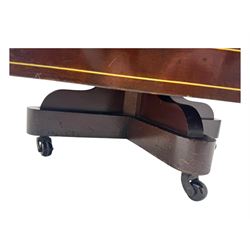 Edwardian inlaid mahogany revolving bookcase, shaped square moulded top with central motif and satinwood band, two tiers with pierced vertical splats, on swivel action base with ceramic castors