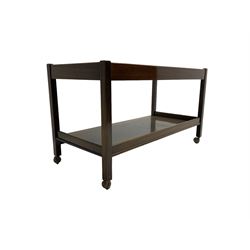 20th century mahogany framed two-tier drinks trolley, rectangular marble top, united by square supports, on castors