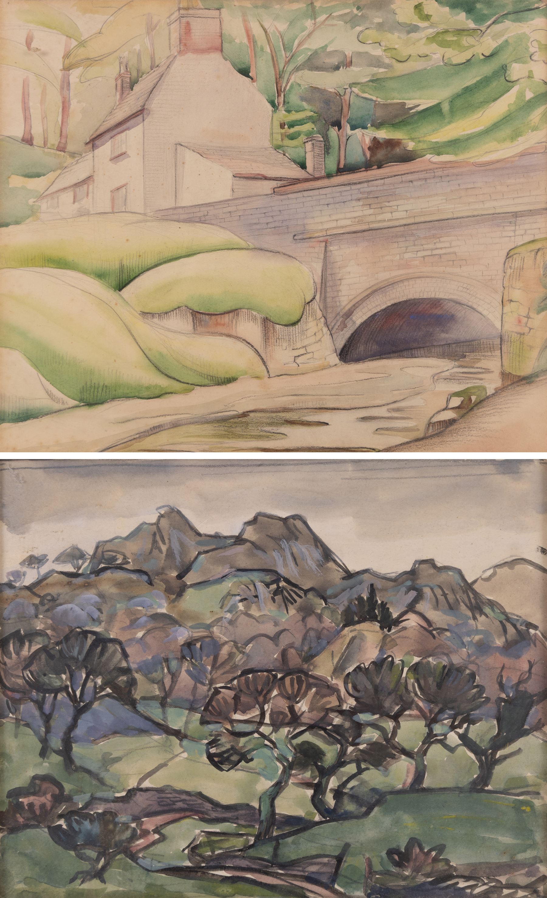 Helen Marguerite Steinthal (British 1911-1991): Forest Before the Hills, watercolour unsigned, attributed verso 23.5cm x 29cm; English School (Mid-20th Century): Bridge in the Town, watercolour unsigned 23cm x 28cm  (2)