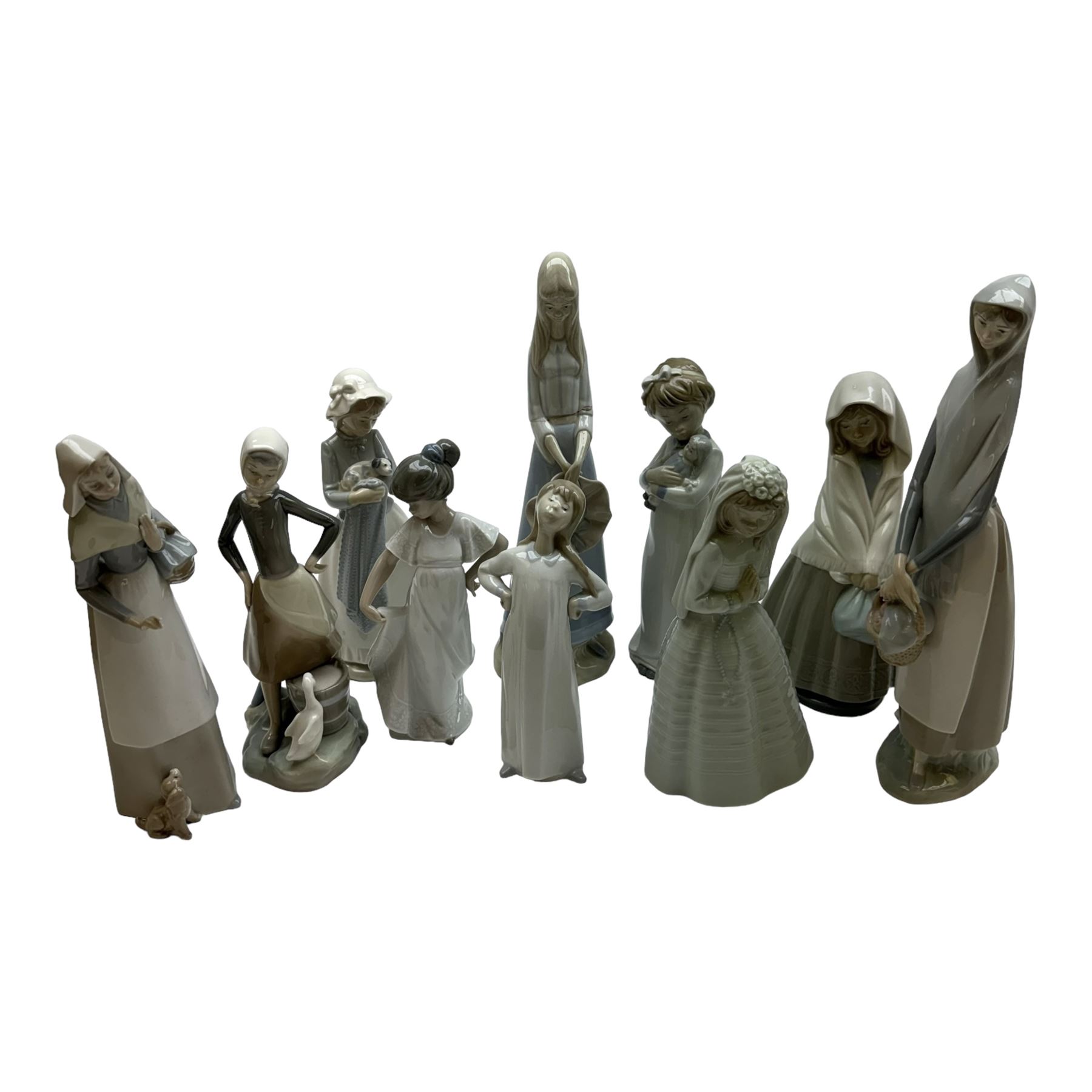Four Lladro figures, including Market Day no 4502, Girl with Milk Pail no 4682 etc, together with five Nao figures and one other 