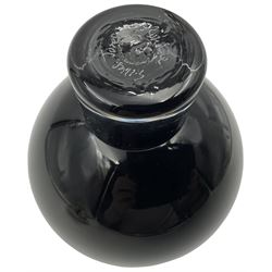 Gillies Jones of Rosedale; art glass specimen vase, shaped as a black ball upon a short clear tapering foot, with engraved marks beneath, H14cm