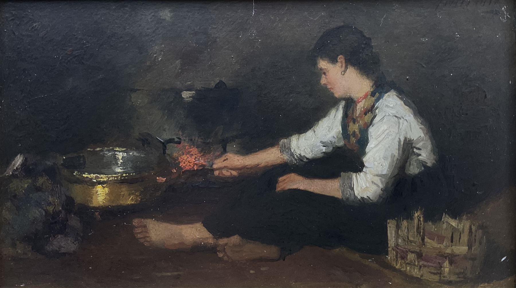 Johannes Weiland (Dutch 1856-1909): Girl Tending a Fire, oil on panel signed 14.5cm x 25cm 
