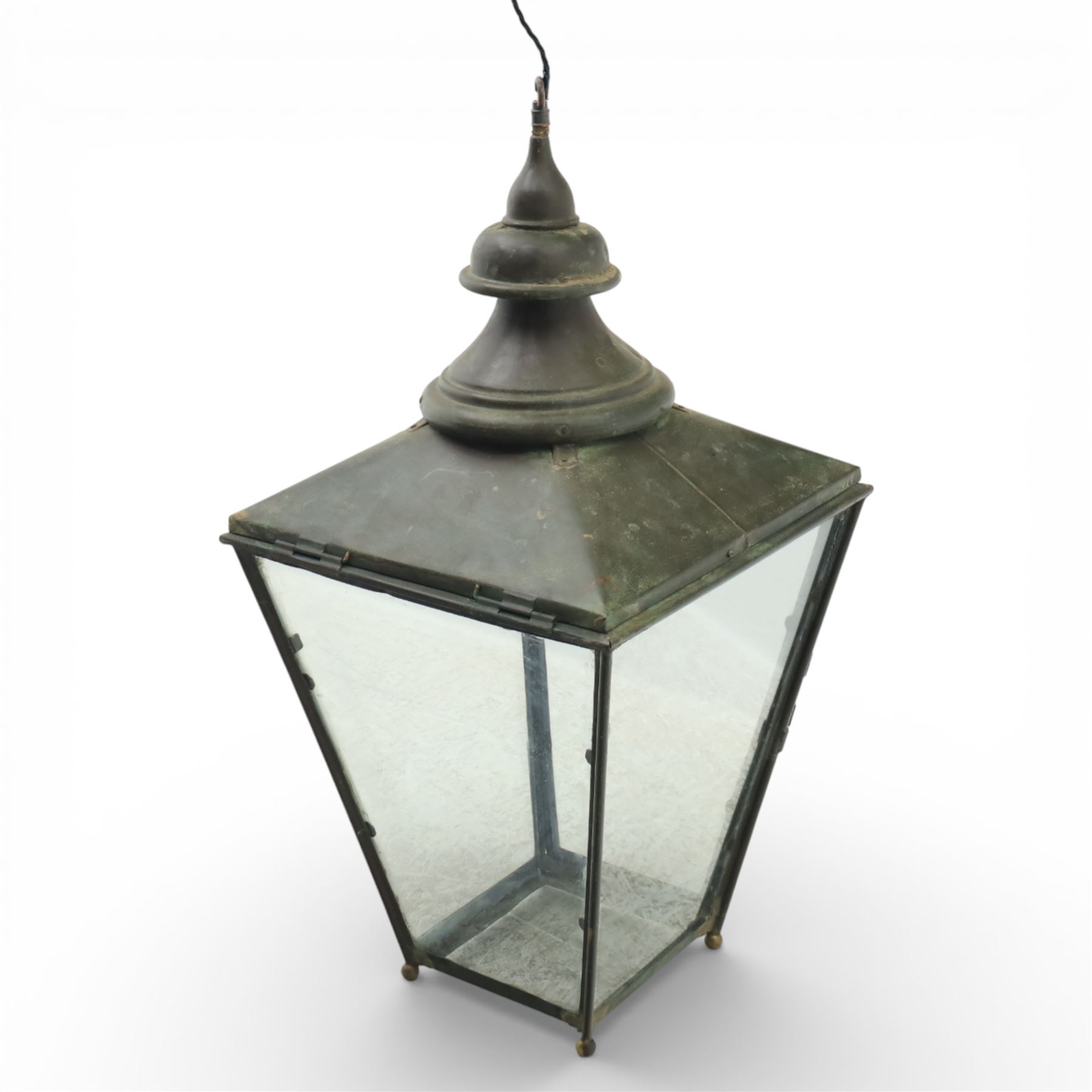 Victorian verdigris copper street lantern, now converted, of typical tapering form with four glazed panes, H84.5cm W43cm