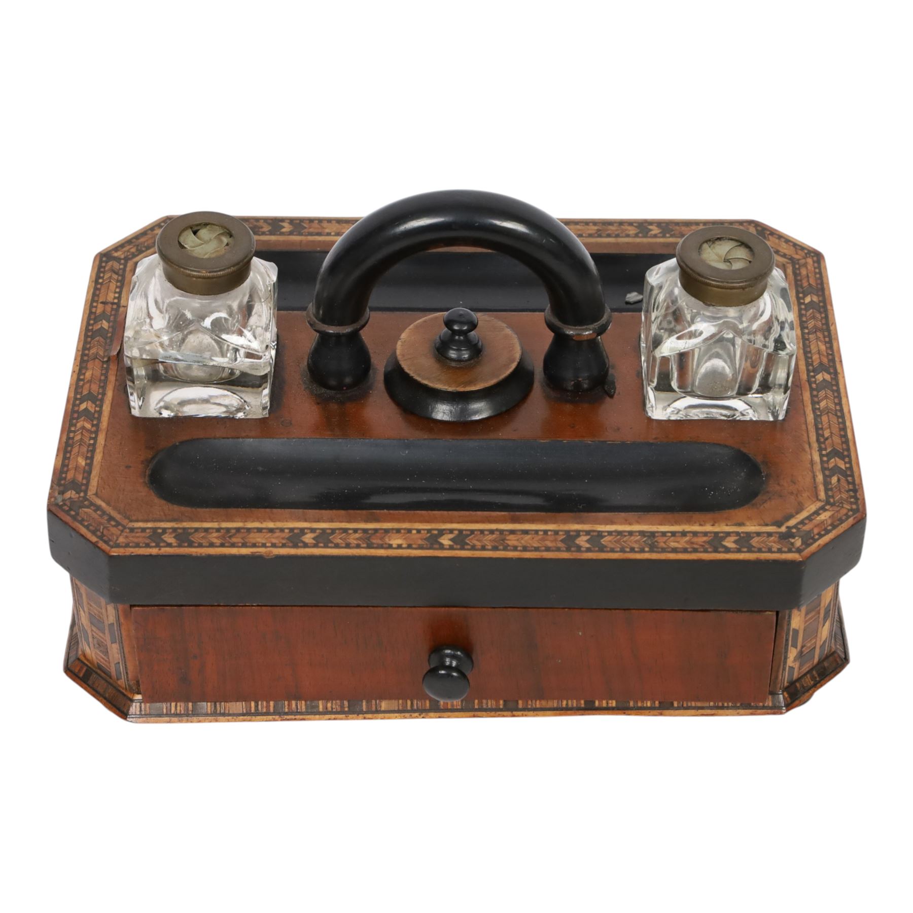 Tunbridge desk stand, with ebonised handle, twin inkwells with Thomas Morton 'The Maze' closing lids, with draw to the front 