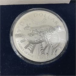Four one ounce fine silver coins, forming 'The 2003 Famous World Silver Coin Collection', comprising United States eagle, Australian kangaroo, Chinese panda and Canadian maple leaf, cased with Westminster certificate 