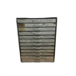 12 draw metal cabinet containing assorted lathe, engineering and metal work callipers, pliers, depth gauges, mandrels, lathe dogs, taps and dies etc