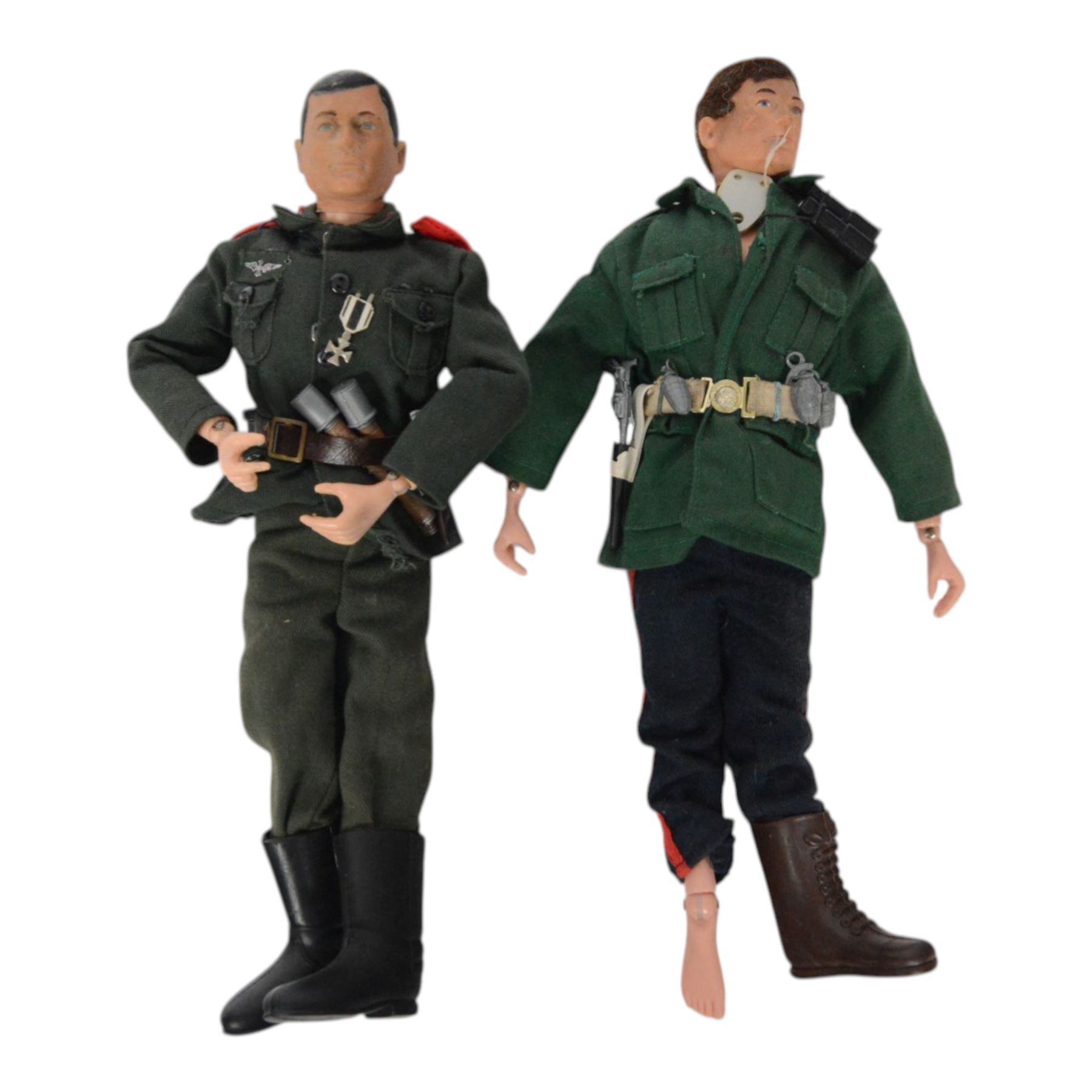 Two 1960s/70s Palitoy Action Man dolls, one with painted hair and one with flocked hair, both dressed in military uniform, together with a collection of mostly Palitoy/Hasbro Action Man clothing and accessories, including Special Operations Kit, Field Radio, weapons, shoes, helmets, clothing and other accessories