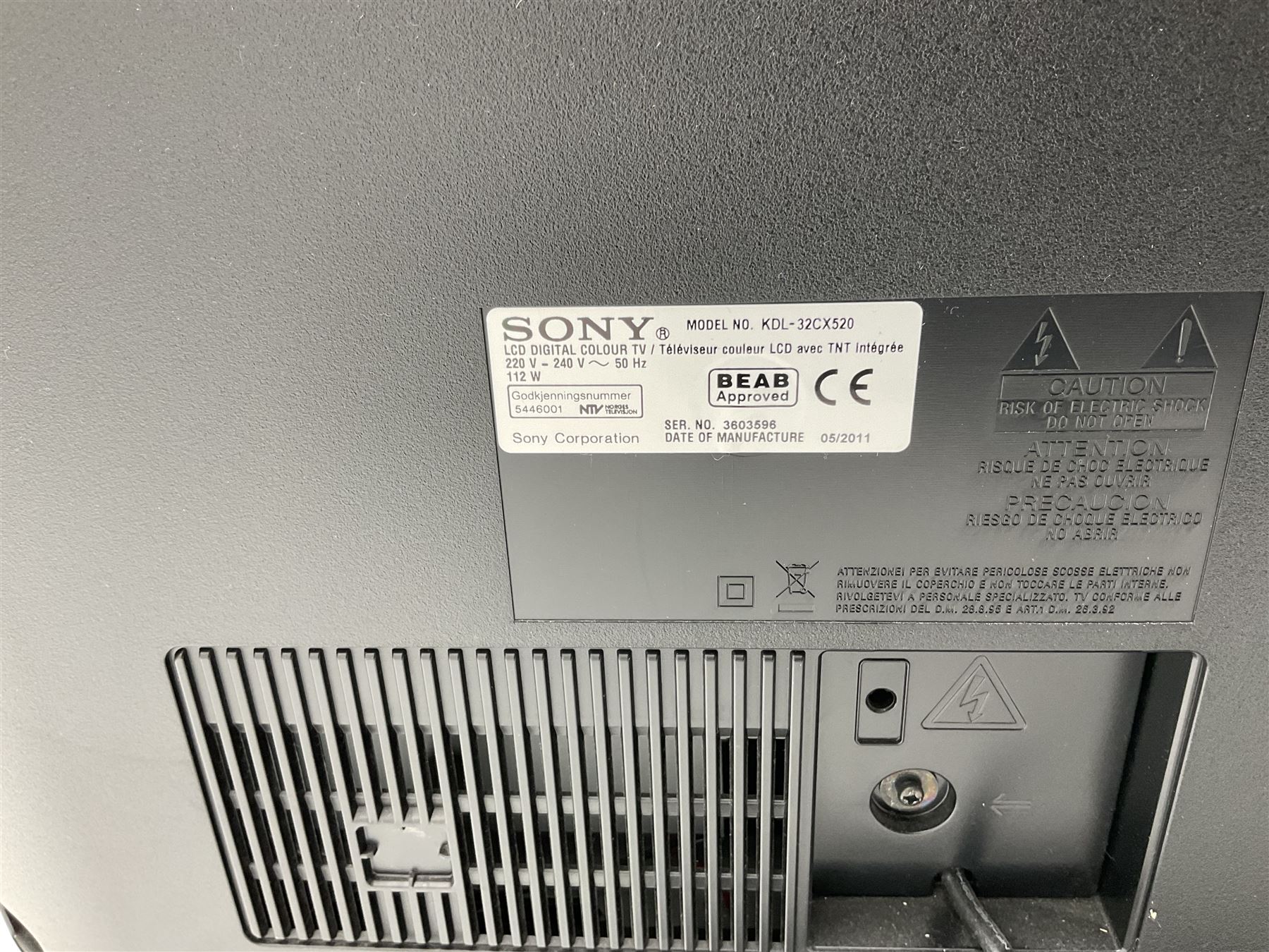 Sony TV - model no. KDL- 32CX520