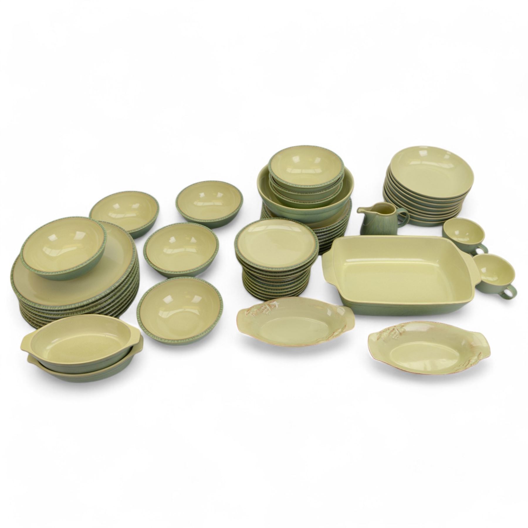 Collection of Denby Calm pattern tea and dinner wares,  including plates, bowls and teacups, jug, etc together with similar green stoneware dinner wares