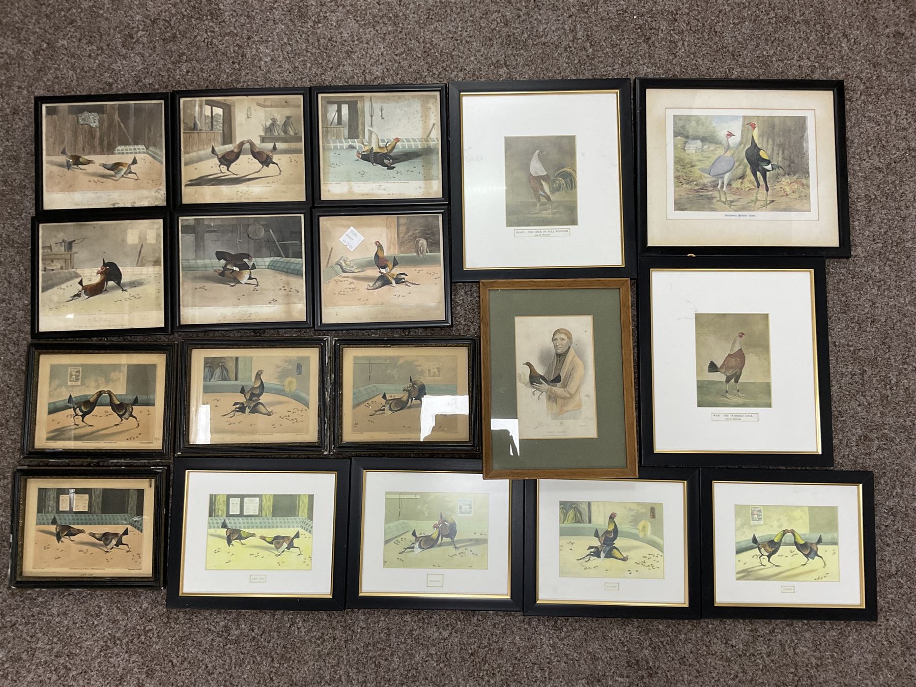 After Newton Fielding (British 1799-1856): Set of six 19th century cock fighting prints pub. Rudolph Ackermann, together with various later cock fighting prints