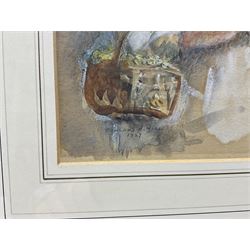 Rowland Henry Hill (Staithes Group 1873-1952): Young Girl with Primroses, watercolour heightened in white signed and dated 1927, 26cm x 17.5cm 
Provenance: exh. T B & R Jordan 'Staithes Group Exhibition', Pannett Gallery Whitby, July 2016, facsimile catalogue verso