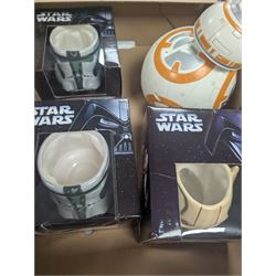 Star Wars collectables, including Episode I Jar Jar Binks Wake Up System, BB8 model, Jar Jar Binks Adventure game, Revenge of the Sith Masterworks and three Cards Inc figural mugs