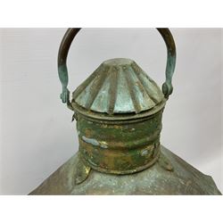 Late 19th/early 20th century large near pair of ship's copper and brass 'Port' and 'Starboard' lamps of bow-fronted form with original oil burners; 'Port' made by Kingston Steam Trawling Company Hull and 'Starboard' made by Hellyer Bros. Ltd. Hull; both bearing Hull Fishing Vessels Owners Association Ltd plaques Nos.2097 (Port) and 1431, tallest H67cm (2)
