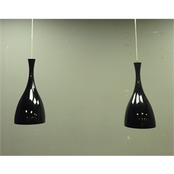  Pair black glass light pendants with chrome fittings, retailed by Heals, H41cm of body (2)  