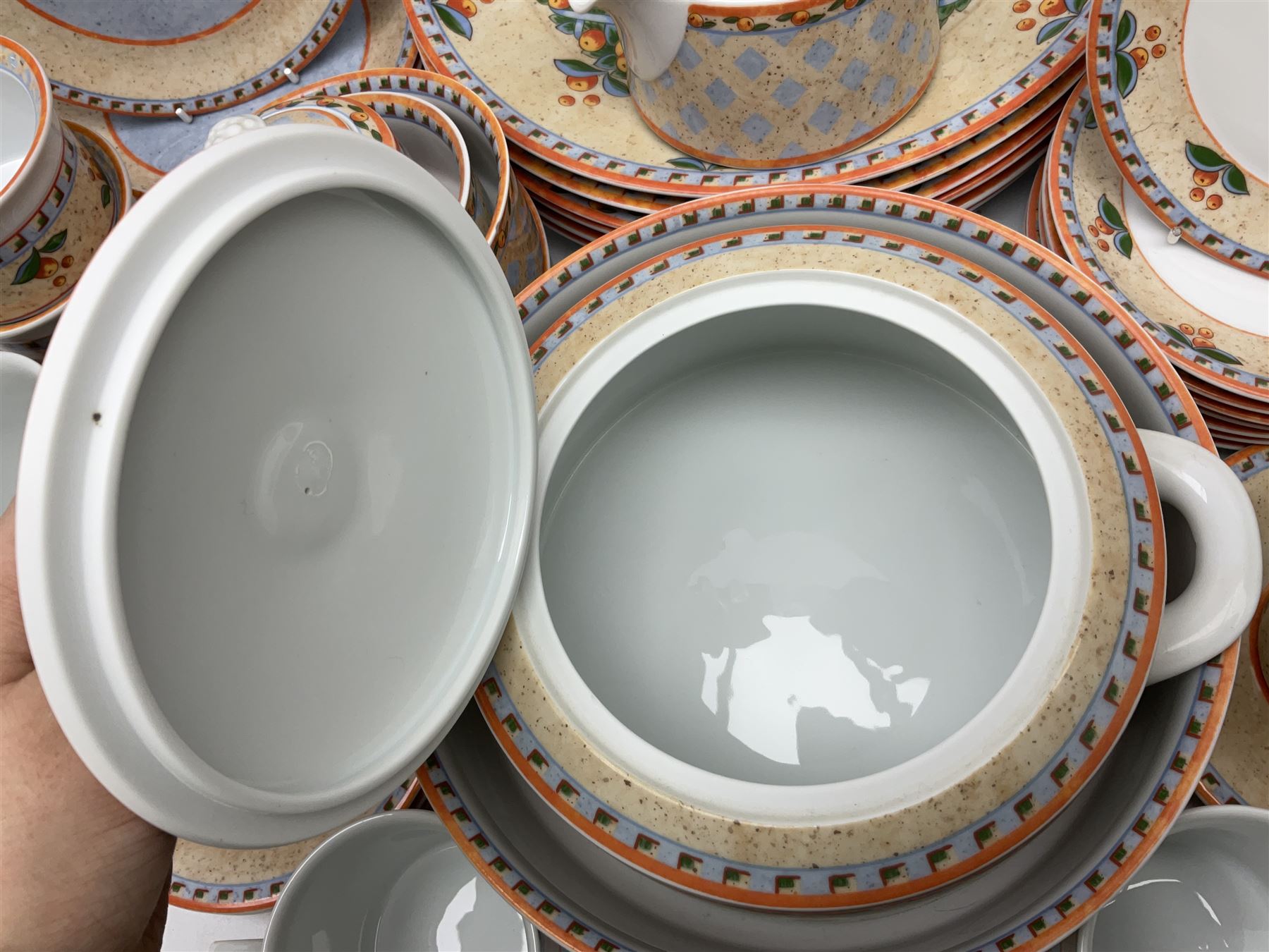 Villeroy & Boch Gallo design Switch 4 Naranja & Nazare pattern tea and dinner wares, to include seven dinner plates, twin handled lidded tureen, five mugs, four saucers, jug, lidded sucrier, large bowl,  seven ramekins, various side plates, two bowls etc