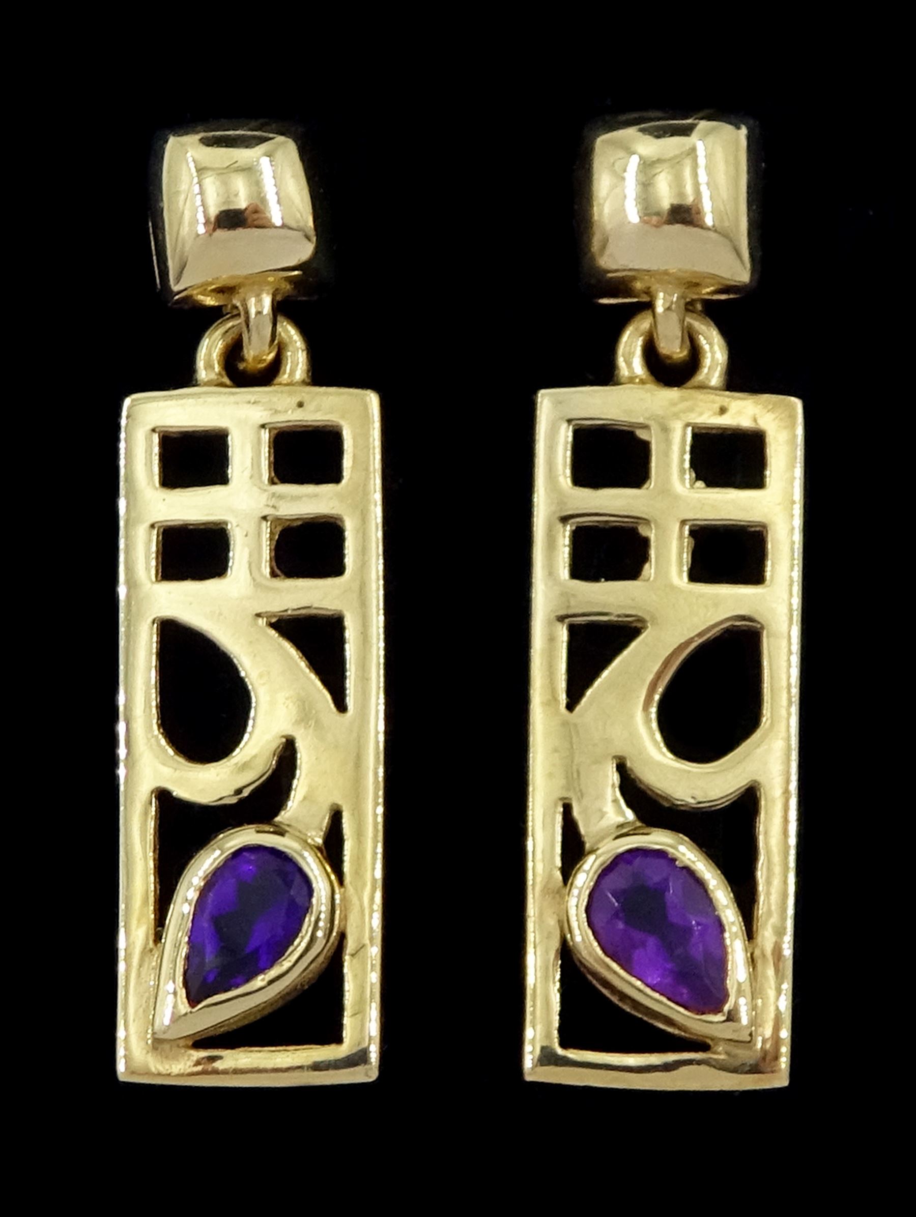 Pair of 9ct gold amethyst Mackintosh design pendant stud earrings, hallmarked