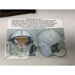 Silver grey SPH-4B Flight Helmet as used by helicopter pilots in the USAF and US Army in the 1990s; made of epoxy resin reinforced fibreglass; fitted with clear and tinted visors and complete with an M-87A/AIC boom mike; original condition and bench tested.