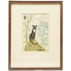 Morris Cox (British 1903-1998): Cat on a Knoll, limited edition woodcut signed titled dated 1946 and numbered 20/33 in pencil, 21.5cm x 15cm
