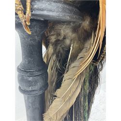 Taxidermy: Indian Peacock (Pavo cristatus), full mount adult cock bird facing forward, with tail hanging below, mounted upon an ebonised plinth, H140cm