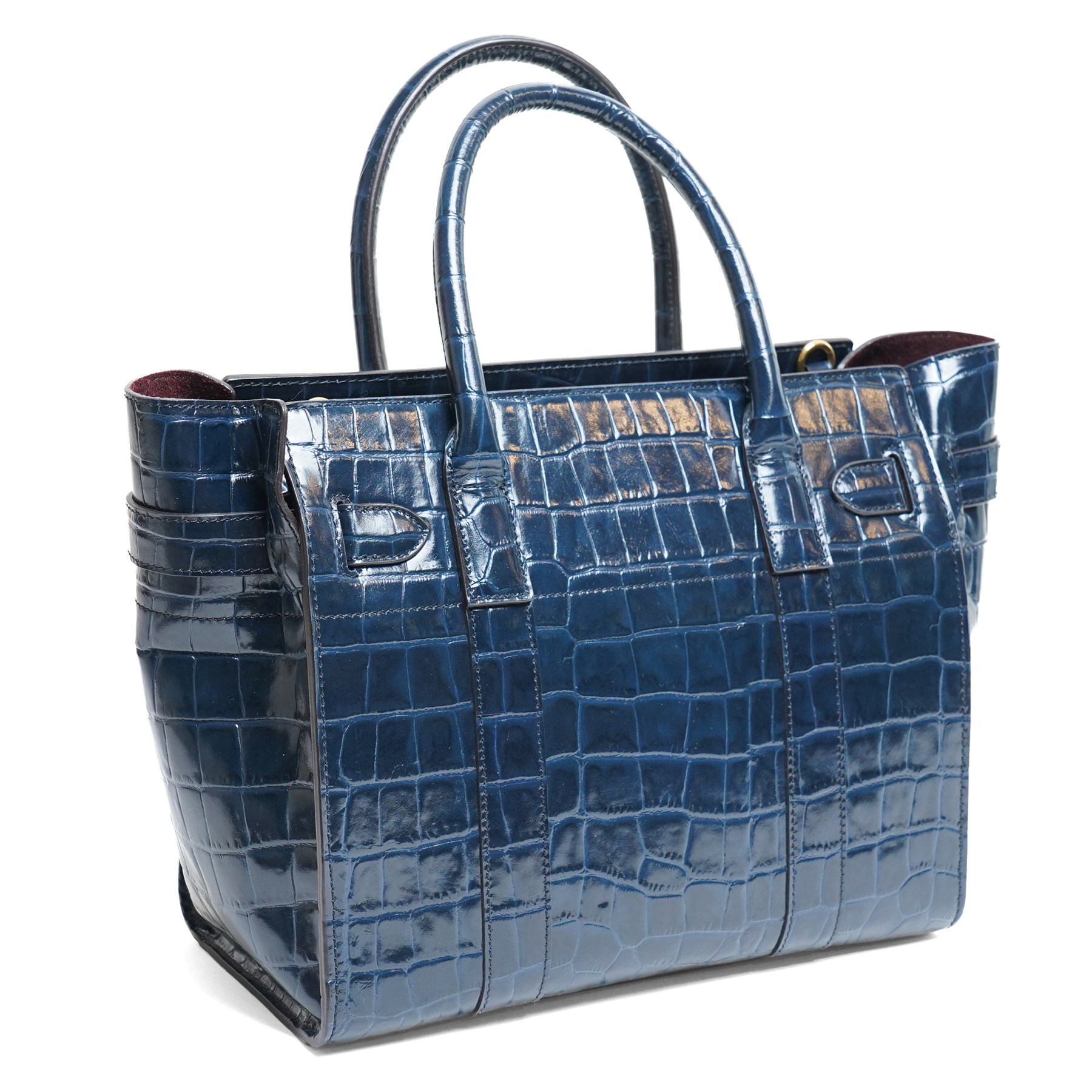 Mulberry - Belted Bayswater with Zip handbag in Midnight Croc embossed leather, the structured body with twin rolled top handles, detachable and adjustable shoulder strap, gold-tone Postman’s Lock fastening, belted front detail and zip closure, burgundy suede interior, with original dust bag