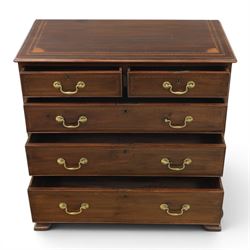 George III inlaid mahogany chest, shell inlaid and line chain detail, brass swan neck with cockbeaded edges, raised on bracket feet  