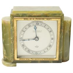 Three 20th century 8-day spring driven mantle clocks and a 20th century brass cased ships clock with a sweep seconds hand.