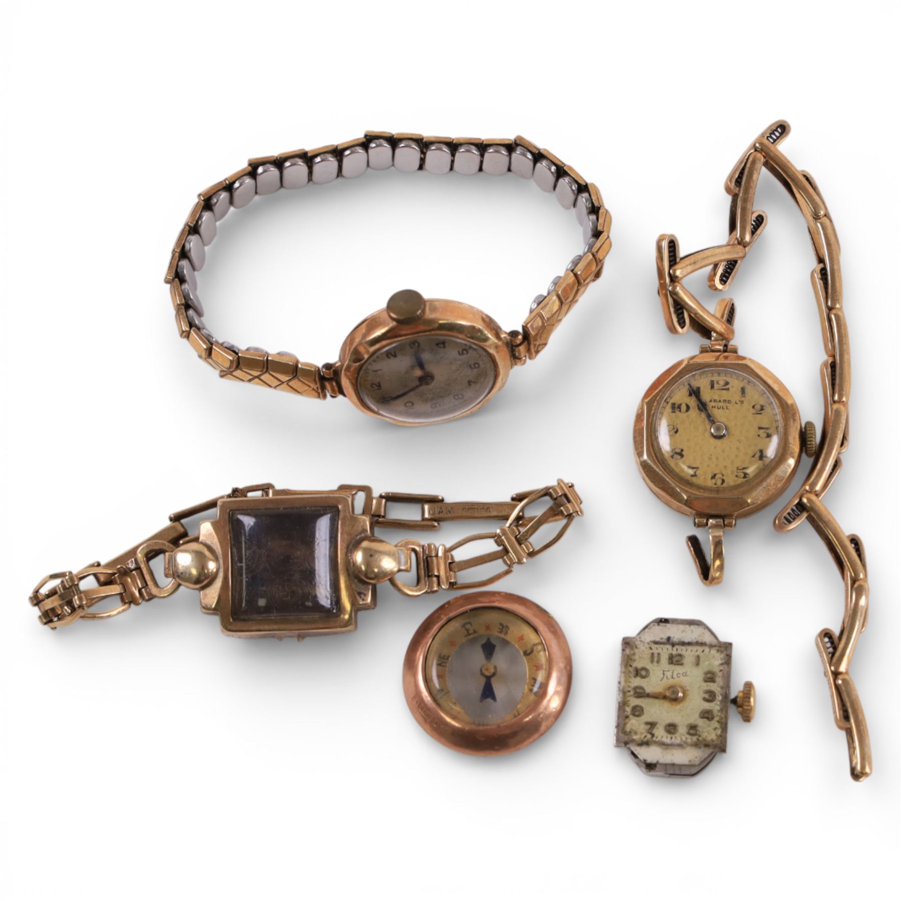9ct gold wristwatches and parts, comprising ladies watch with 9ct gold case and integral strap, ladies 9ct gold wristwatch on 9ct gold expanding strap, 9ct gold cased miniature compass, and a ladies wristwatch with 9ct gold back case on a gilt strap