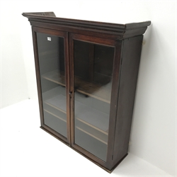 19th century mahogany wall cabinet,  projecting cornice above two glazed doors enclosing three shelves, W94cm, H107cm, D32cm