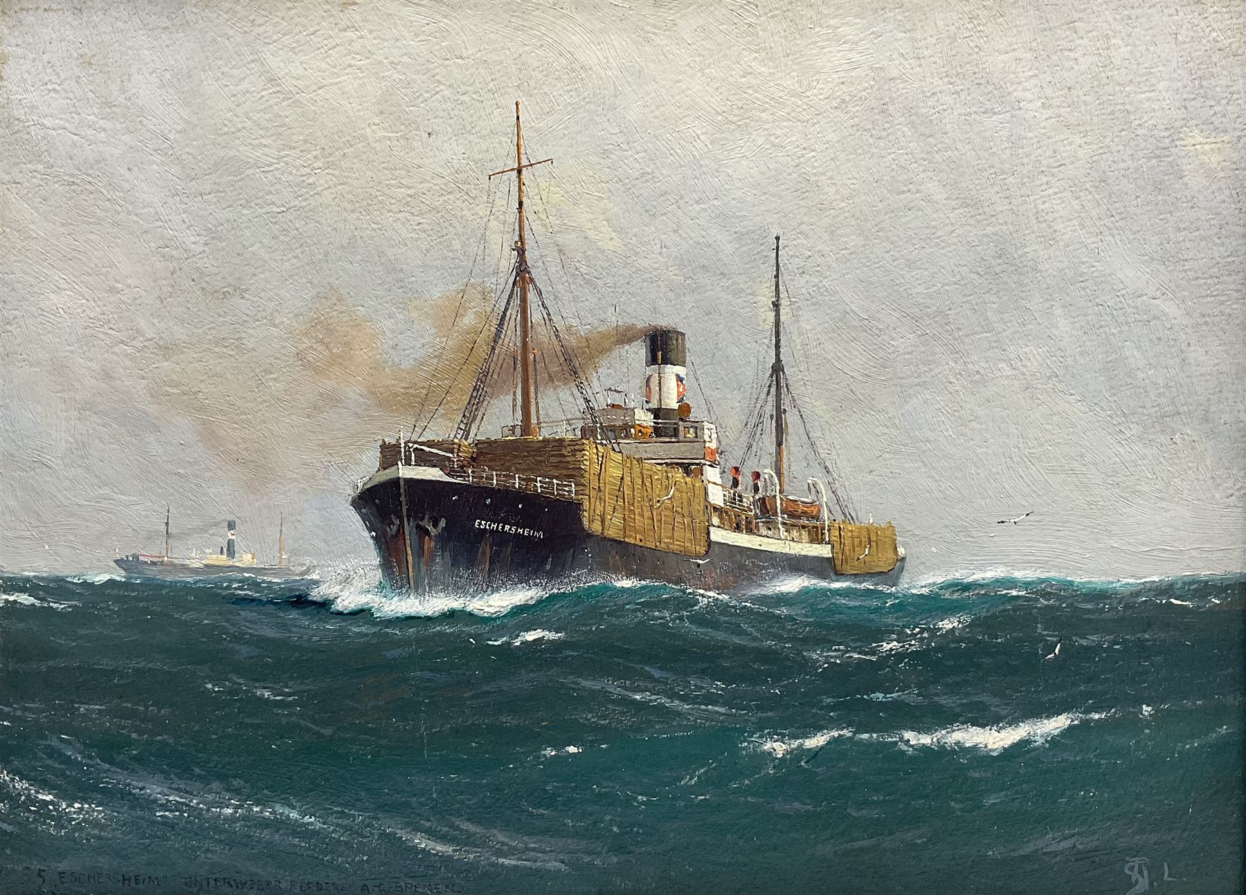 German School (Mid 20th century): Ships Portrait 'SS Eschersheim' Unterweser Reederei A-G Bremen - carrying Timber, oil on board signed with monogram 29cm x 39cm