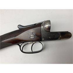 W.W. Greener 12-bore side-by-side double barrel non-ejector shotgun, with 76cm barrels, side safety, engraved lock, figured walnut stock with chequered grip and fore-end, no.33408, 120.5cm overall; in fitted canvas covered case with tools and accessories including .22 12-bore dog training device. SHOTGUN CERTIFICATE REQUIRED.