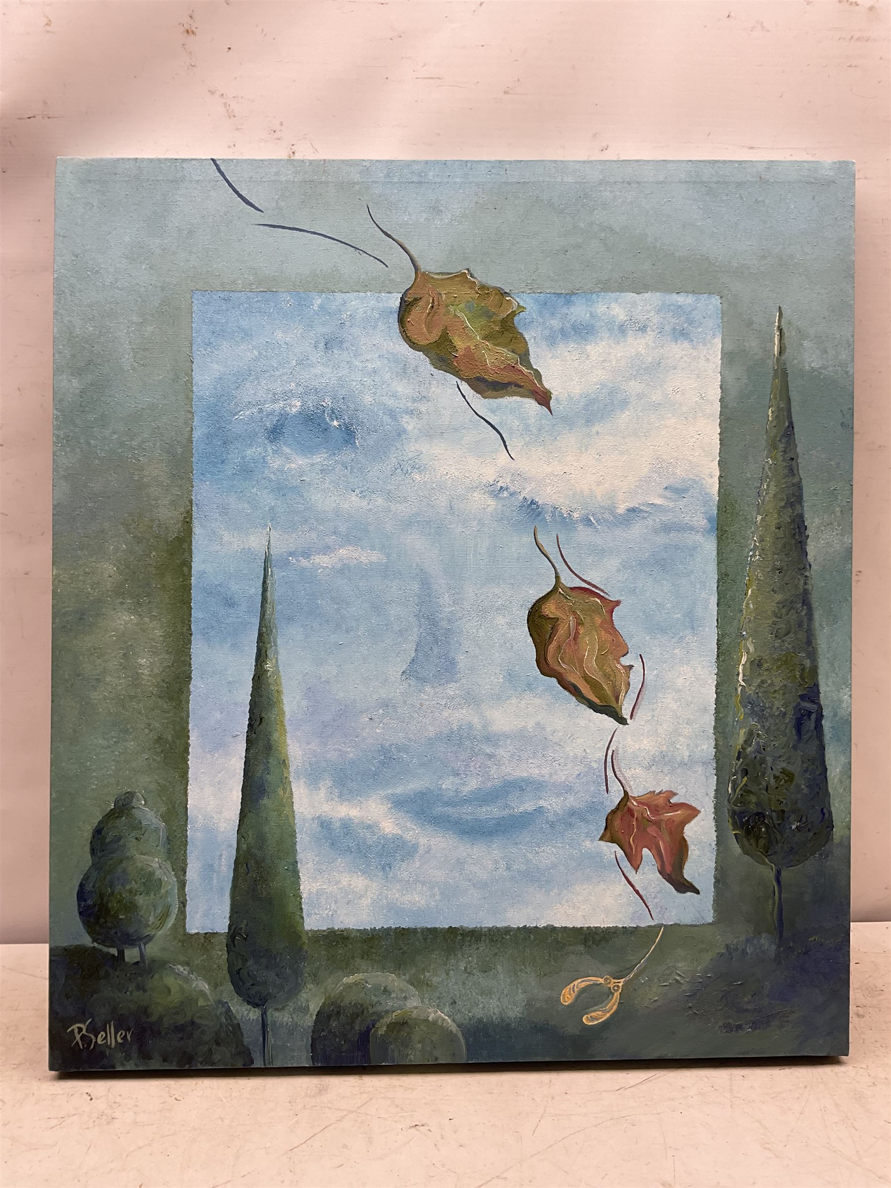 Paula Seller (Northern British Contemporary): Surrealist Sky with Leaves, oil on canvas signed 69cm x 61cm