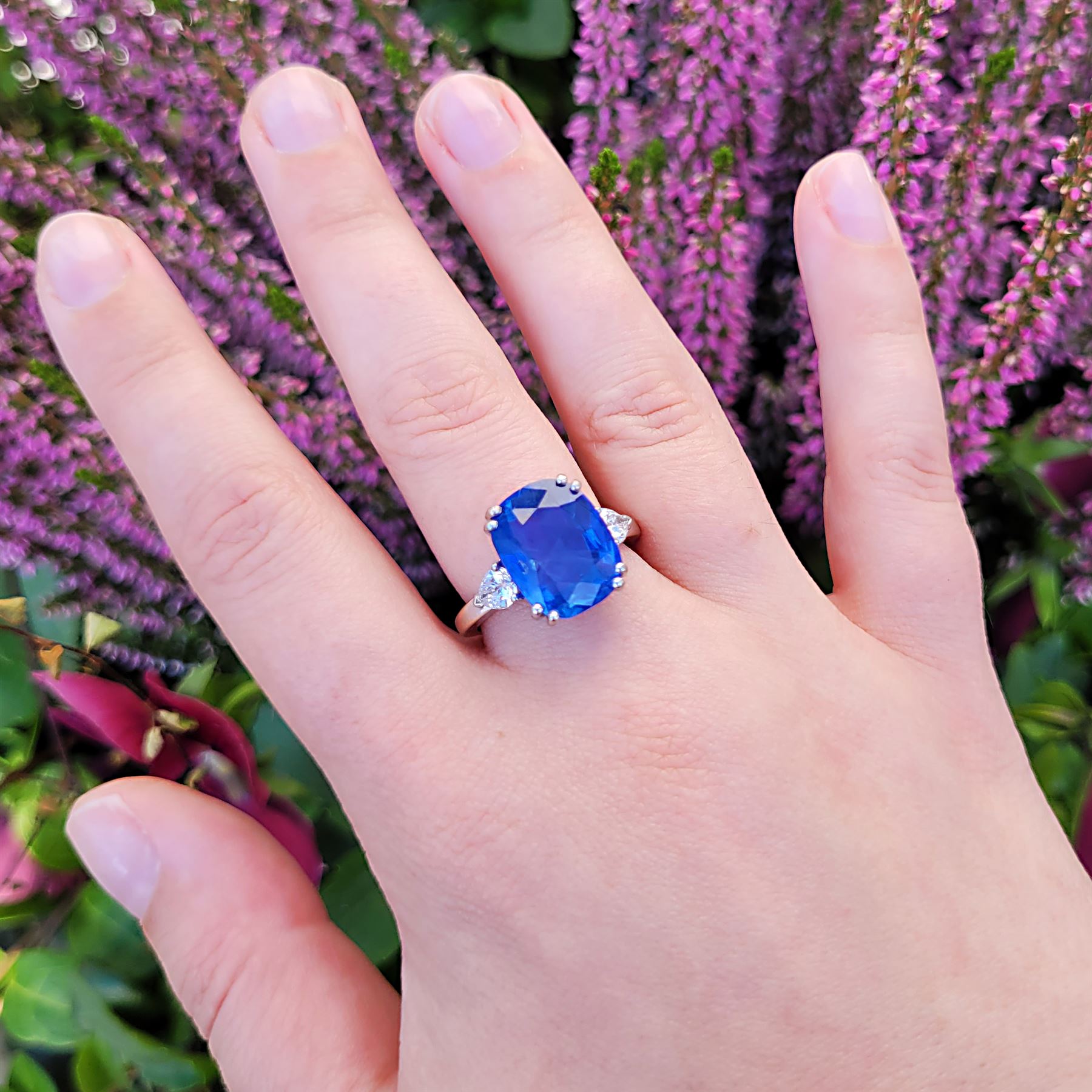 French 18ct white gold and platinum three stone unheated Ceylon sapphire and diamond ring, the single mixed cushion cut sapphire of 8.49 carat, with Gem Paris report, flanked by pear cut diamonds, hallmarked, total diamond weight approx 0.60 carat