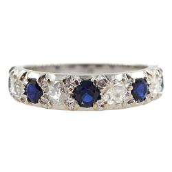 White gold nine stone sapphire and old cut diamond half eternity ring, stamped 18ct