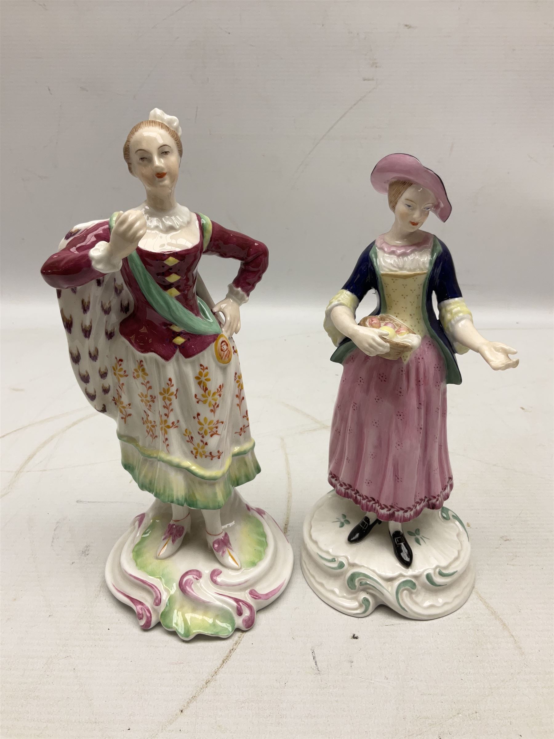 Seven Spode Chelsea figures, comprising no.1, no.2, no.3, no.4, no.6 and two further smaller examples, together with a Dresden figure of a gentleman, no. K10003, and a Delft style figure of a boy, some with boxes, tallest H23cm (9)