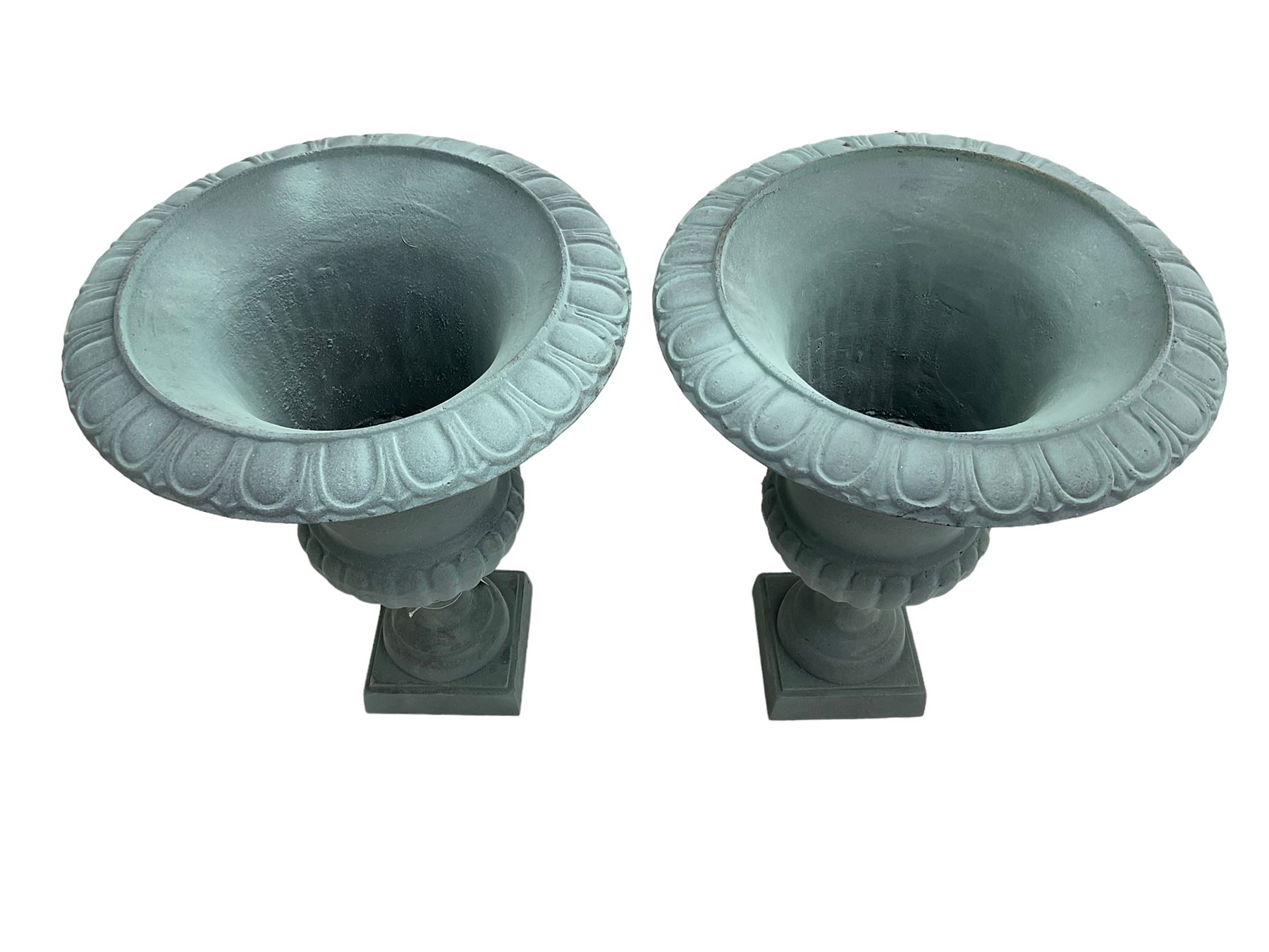 Pair of Victorian design teal painted cast iron campana shaped garden urns, egg and dart rim over a gadrooned underbelly, tapering column on square plinth base - THIS LOT IS TO BE COLLECTED BY APPOINTMENT FROM DUGGLEBY STORAGE, GREAT HILL, EASTFIELD, SCARBOROUGH, YO11 3TX